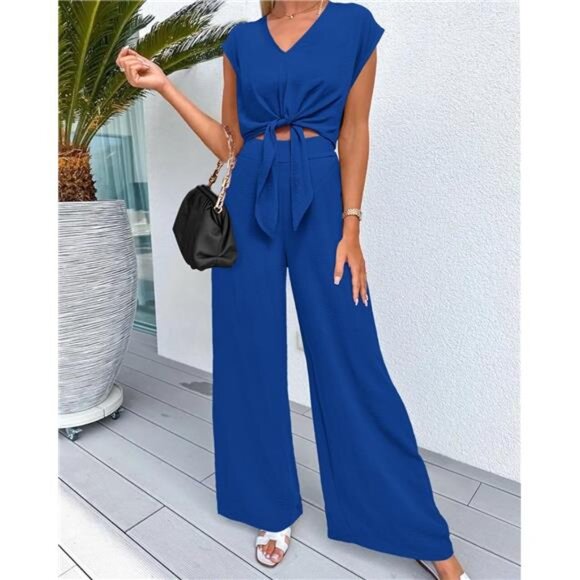 🌴 Women’s 2-Piece Pant Set | V-Neck Wrap Crop Top - Picture 2 of 6